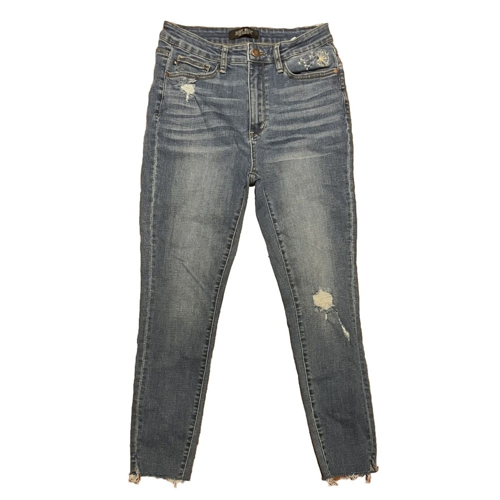 Judy Blue Jeans Skinny Fit Embroidered Raw Hem Women’s Size 29, Junior’s Size 9